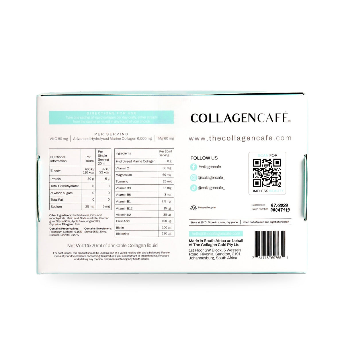 Marine Collagen Liquid box back label with ingredients and nutritional information