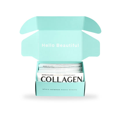 Open Collagen Café box showing marine collagen sachets
