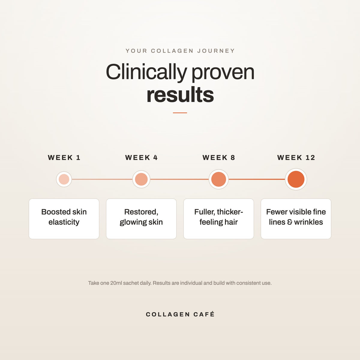 Collagen journey timeline: week 1 skin elasticity, week 4 glowing skin, week 8 fuller hair, week 12 fewer visible fine lines