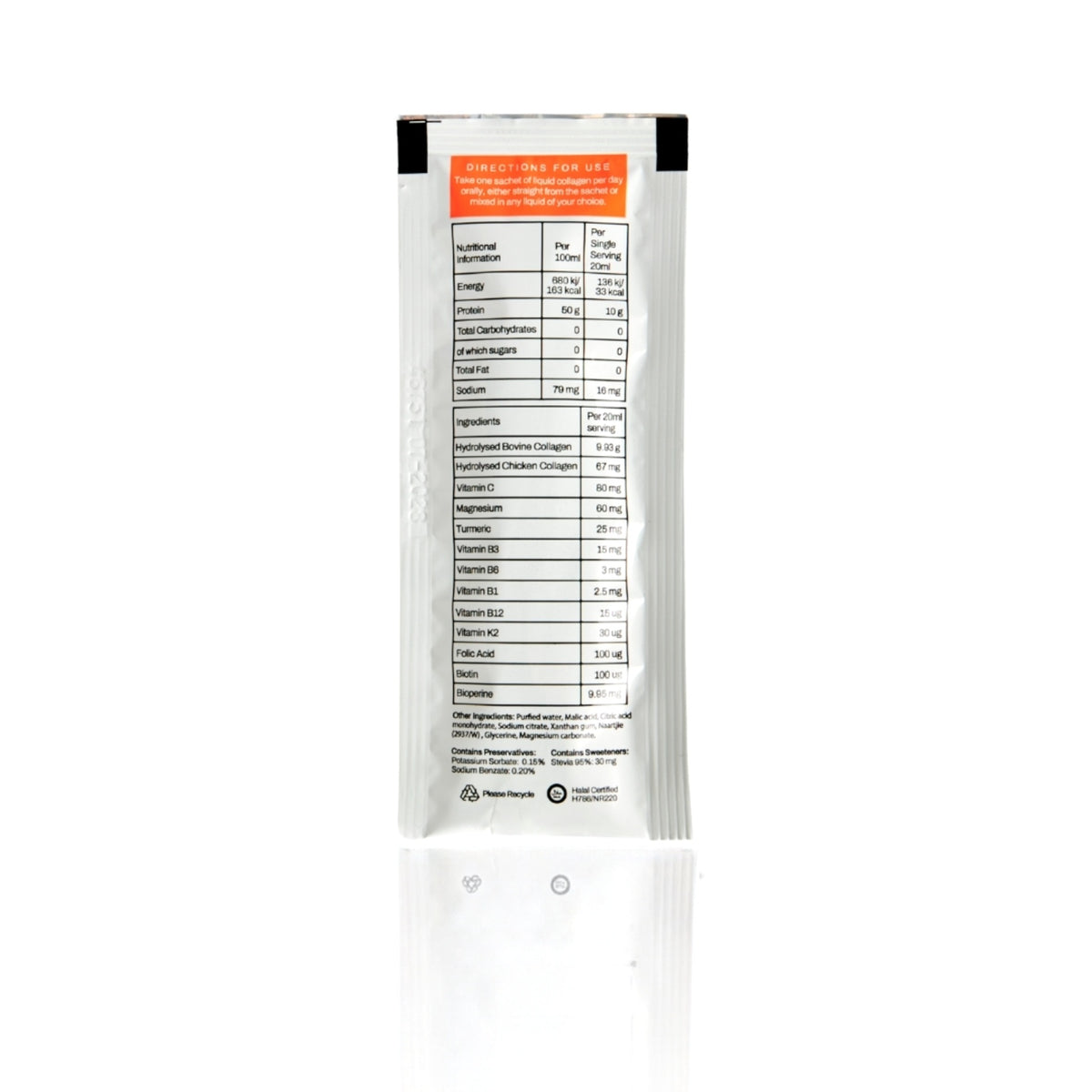 Collagen Café Multi Collagen sachet, back with nutritional information