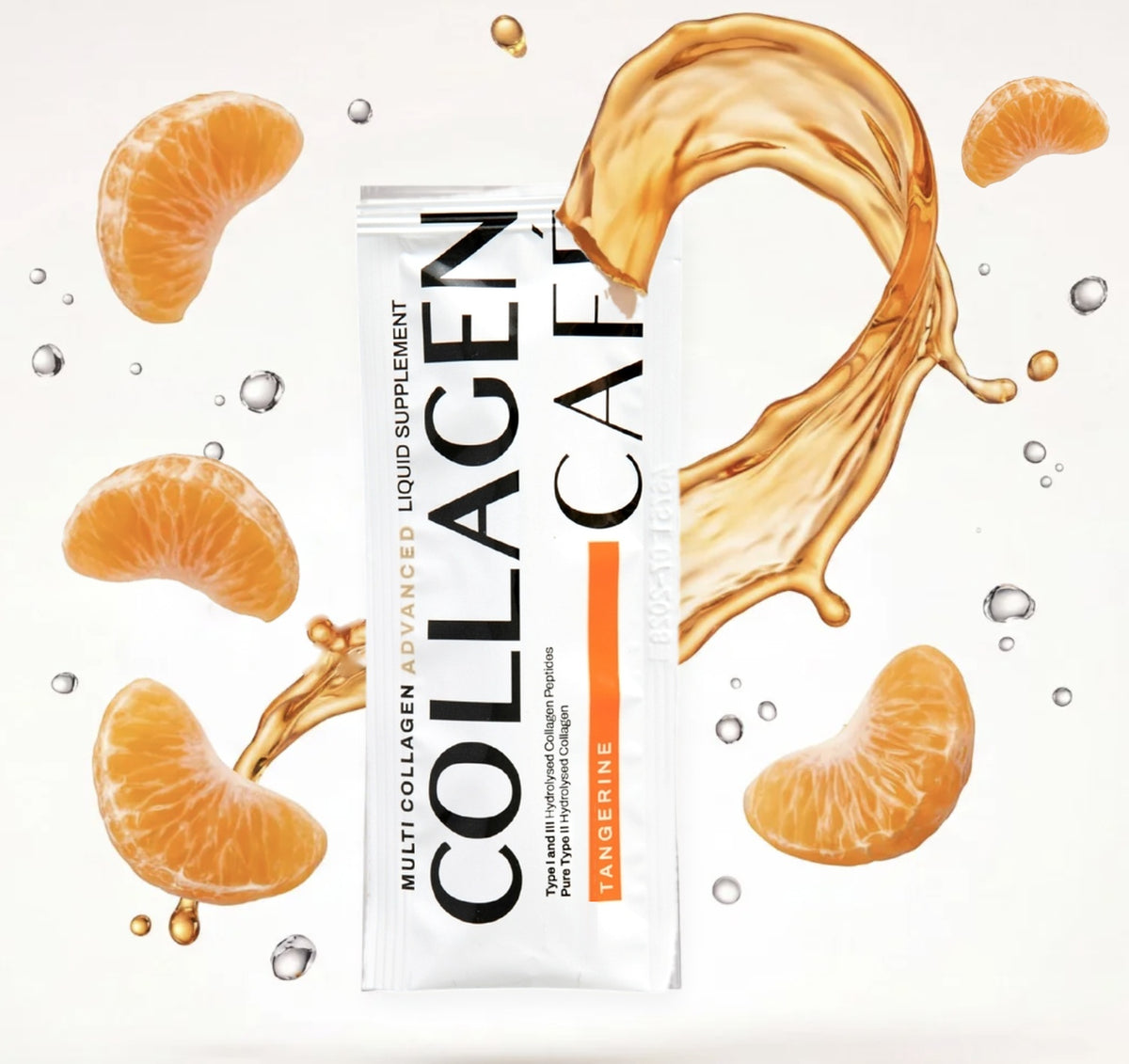 Collagen Café Multi Collagen tangerine sachet with collagen splash and tangerine segments