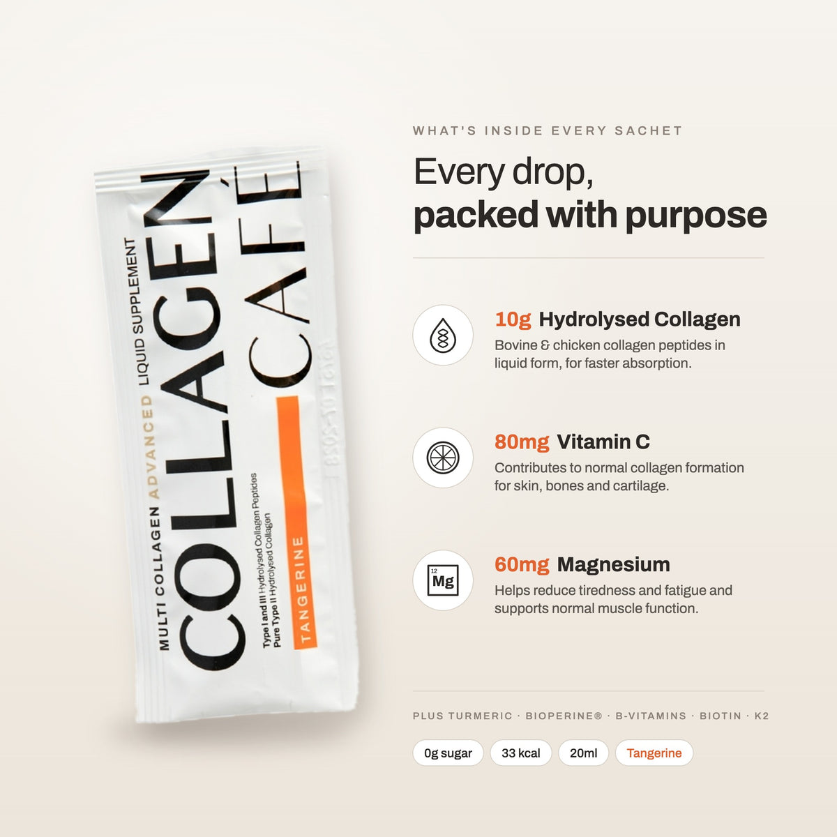 What's inside every Multi Collagen sachet: 10g hydrolysed collagen, 80mg vitamin C, 60mg magnesium