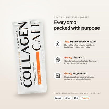 What's inside every Multi Collagen sachet: 10g hydrolysed collagen, 80mg vitamin C, 60mg magnesium